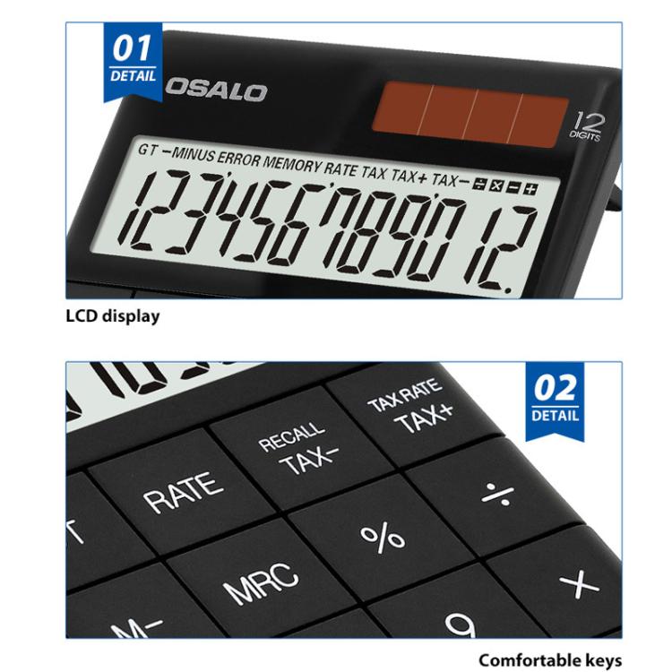 OSALO  A-1T  Tax Calculator with 12-Digit Display, Flip-Up Stand & Solar/ Button Battery Dual Power, A-1T