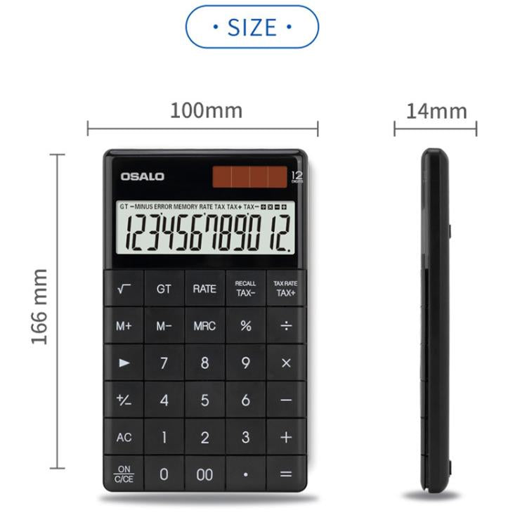 OSALO  A-1T  Tax Calculator with 12-Digit Display, Flip-Up Stand & Solar/ Button Battery Dual Power, A-1T