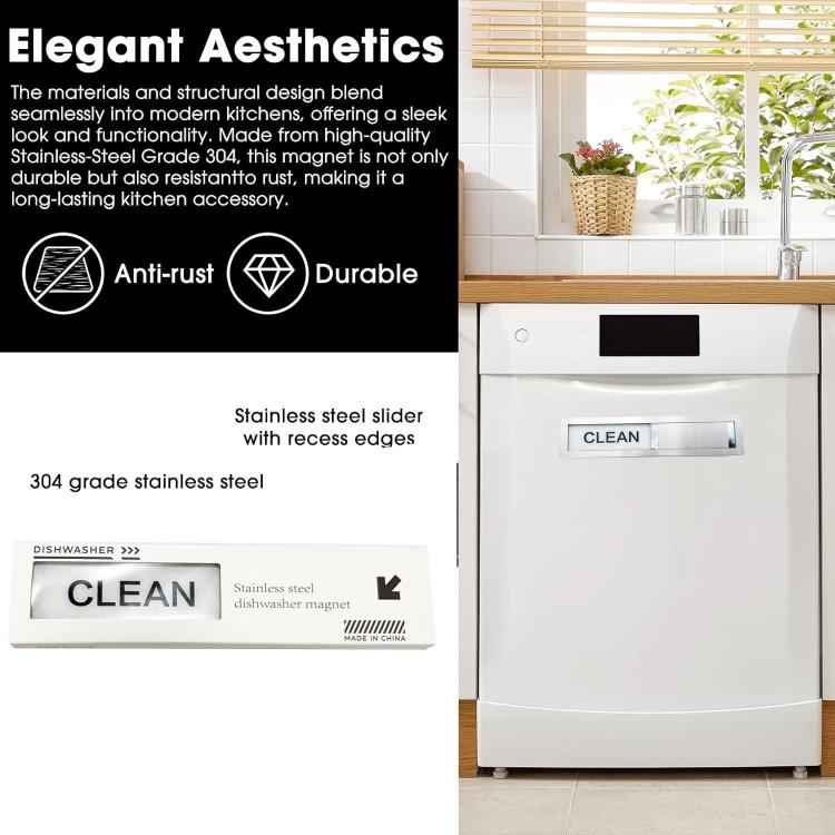 Dishwasher Magnet Clean Dirty Sign 304 Grade Stainless Steel Brushed Finish, Slide to Change