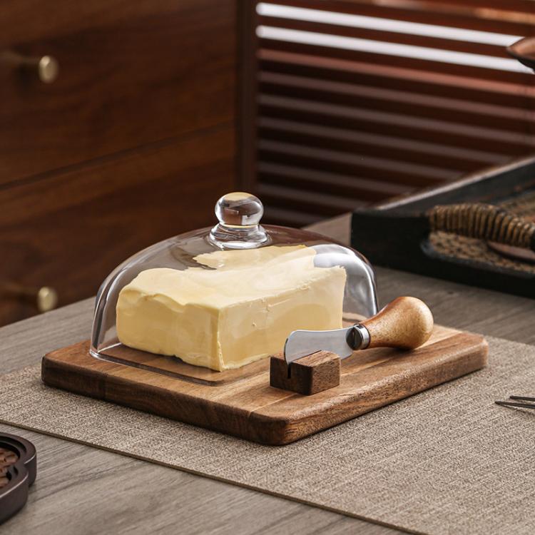 Acacia Wood Butter Dish with Glass Lid and Spreader Knife Butter Keeper for Countertop or Fridge, Single Knife, Dual Utensils
