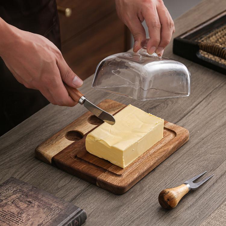 Acacia Wood Butter Dish with Glass Lid and Spreader Knife Butter Keeper for Countertop or Fridge, Single Knife, Dual Utensils