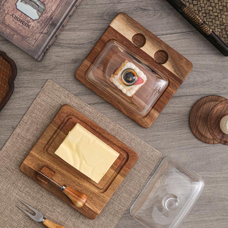 Acacia Wood Butter Dish with Glass Lid and Spreader Knife Butter Keeper for Countertop or Fridge, Single Knife, Dual Utensils