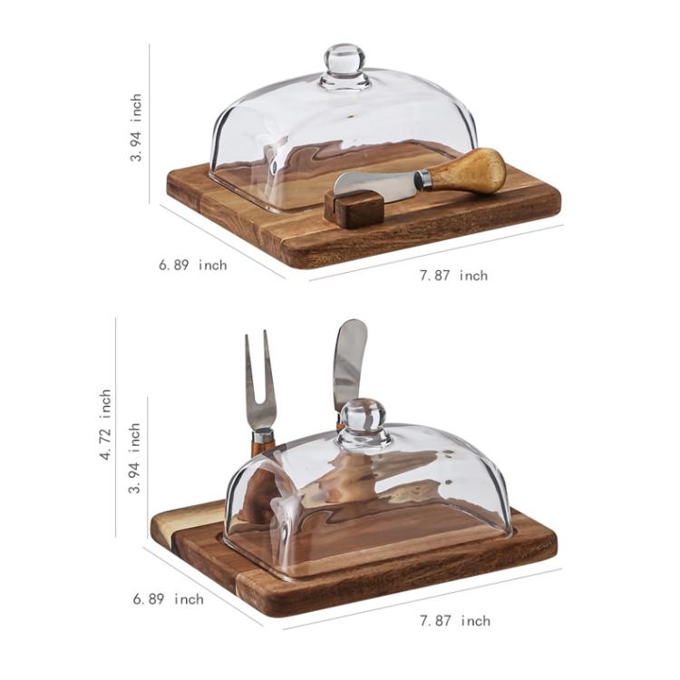 Acacia Wood Butter Dish with Glass Lid and Spreader Knife Butter Keeper for Countertop or Fridge, Single Knife, Dual Utensils