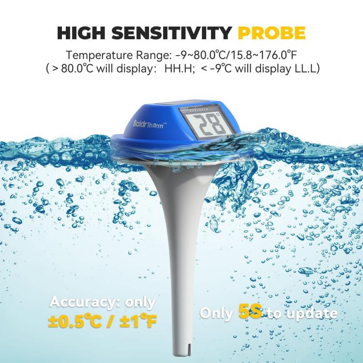 BALDR Waterproof Floating Pool Thermometer With Solar Power Dual Screen Anti-Fog Display For Swimming Pools, Hot Tubs, Fish Ponds, 0579T
