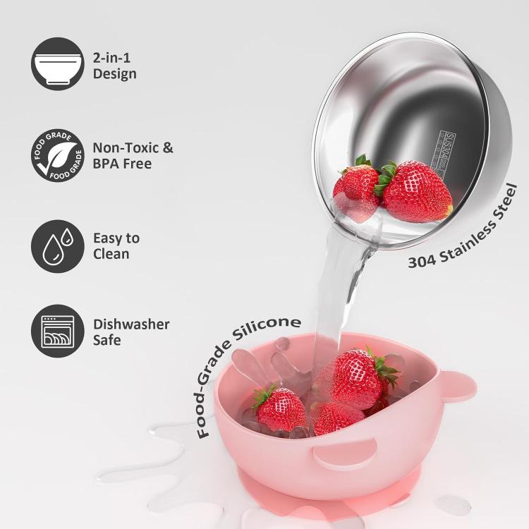Baby Feeding Bowl with Strong Suction Base, 304 Stainless Steel Inner & Silicone Outer Shell, Spill-Proof Insulated Toddler Training Bowl