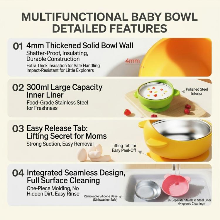 Baby Feeding Bowl with Strong Suction Base, 304 Stainless Steel Inner & Silicone Outer Shell, Spill-Proof Insulated Toddler Training Bowl