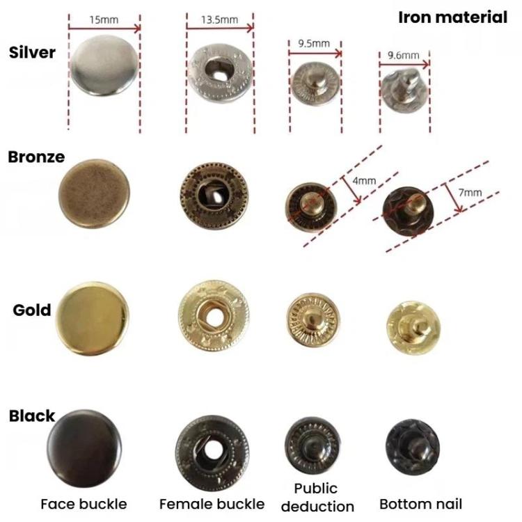 15mm Metal Snap Fastener Kit Clothing Buttons, 12sets Black, 12sets Silver, 12sets Gold, 12sets Bronze Green, 20sets Black, 20sets Gold, 20sets Silver, 20sets Bronze Green, 20sets 4 Colors
