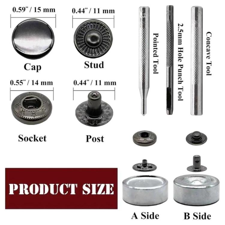 15mm Metal Snap Fastener Kit Clothing Buttons, 12sets Black, 12sets Silver, 12sets Gold, 12sets Bronze Green, 20sets Black, 20sets Gold, 20sets Silver, 20sets Bronze Green, 20sets 4 Colors