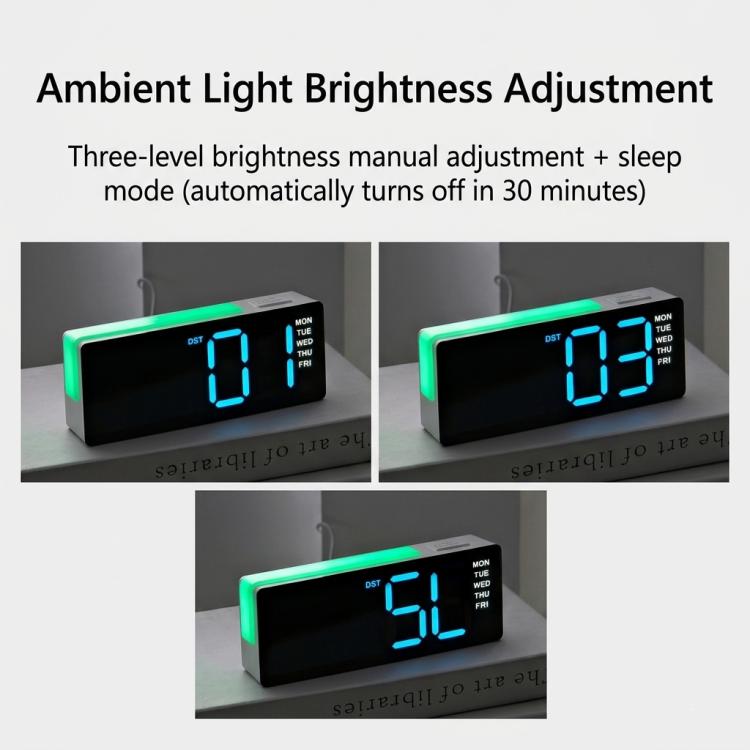 Digital Alarm Clock with RGB L-Shaped Night Light, Dual Alarms, Day/Date/Temperature Display, 3 Brightness Levels