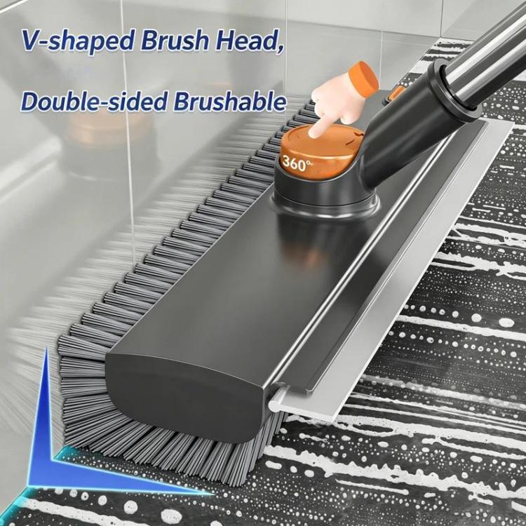 Floor Scrub Brush with Long Handle 2-in-1 Dual-Sided V-Shaped Grout Brush with Squeegee, 360-degree Swivel Head and Built-in Hair Tweezers