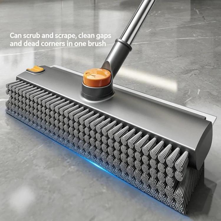 Floor Scrub Brush with Long Handle 2-in-1 Dual-Sided V-Shaped Grout Brush with Squeegee, 360-degree Swivel Head and Built-in Hair Tweezers