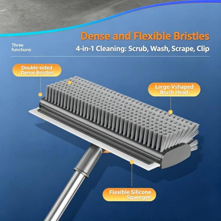 Floor Scrub Brush with Long Handle 2-in-1 Dual-Sided V-Shaped Grout Brush with Squeegee, 360-degree Swivel Head and Built-in Hair Tweezers