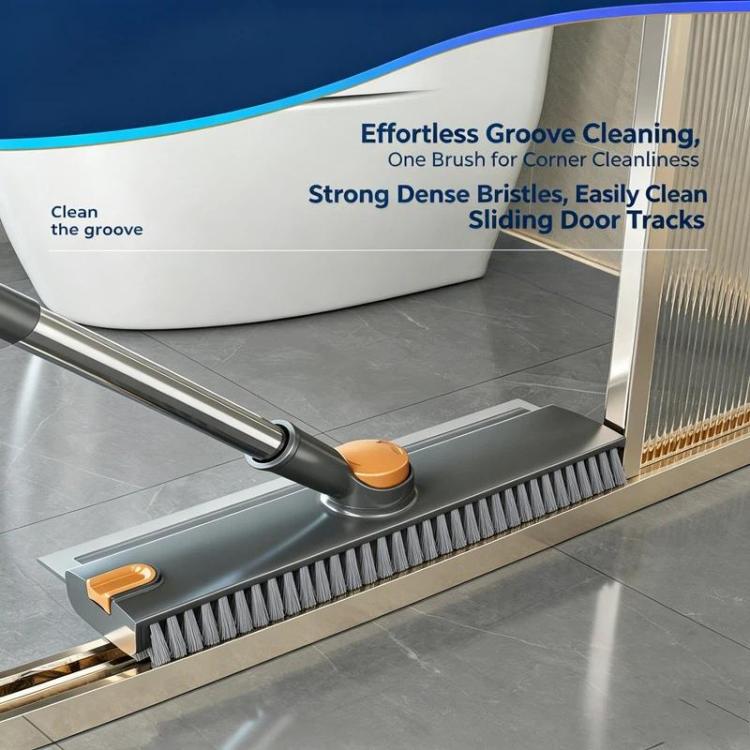 Floor Scrub Brush with Long Handle 2-in-1 Dual-Sided V-Shaped Grout Brush with Squeegee, 360-degree Swivel Head and Built-in Hair Tweezers