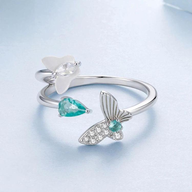 White Gold Plated Mother-Of-Pearl And Zircon Butterfly Double-Layer Adjustable Opening Ring
