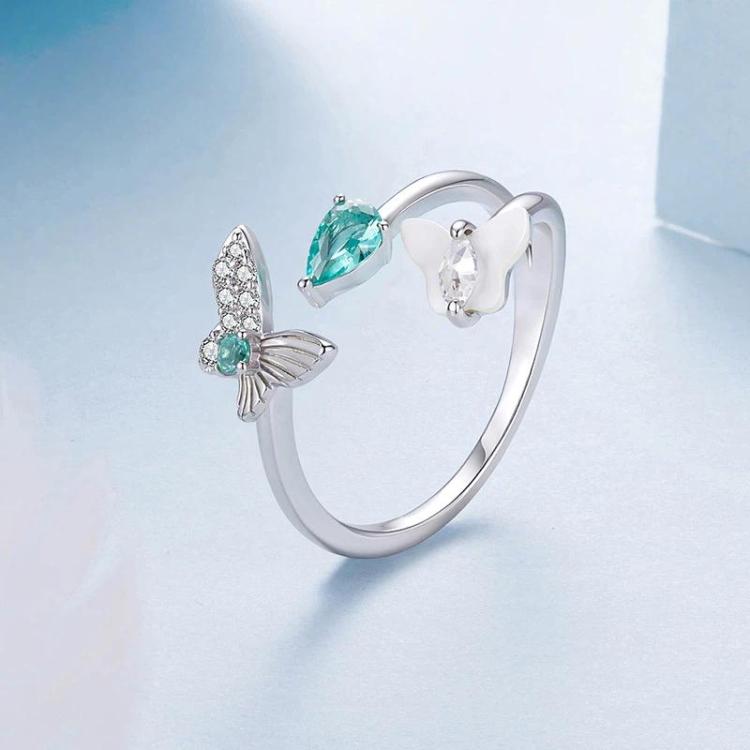 White Gold Plated Mother-Of-Pearl And Zircon Butterfly Double-Layer Adjustable Opening Ring