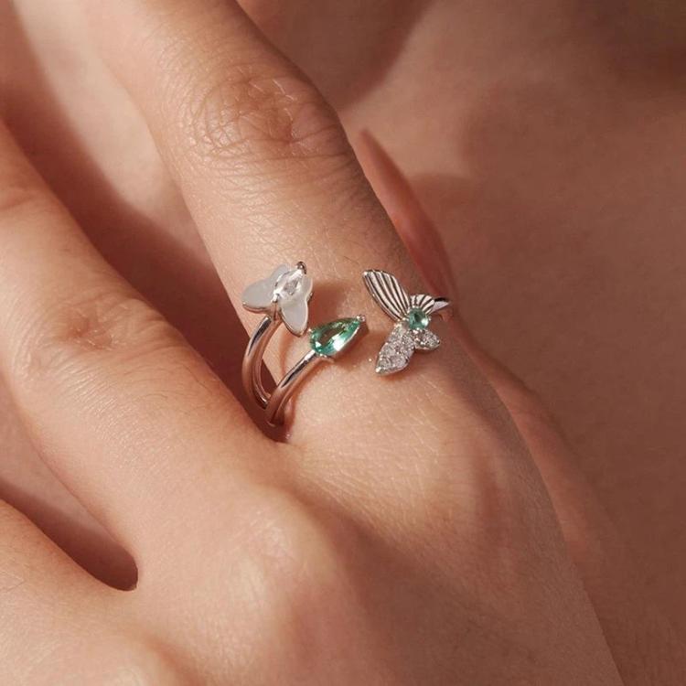 White Gold Plated Mother-Of-Pearl And Zircon Butterfly Double-Layer Adjustable Opening Ring