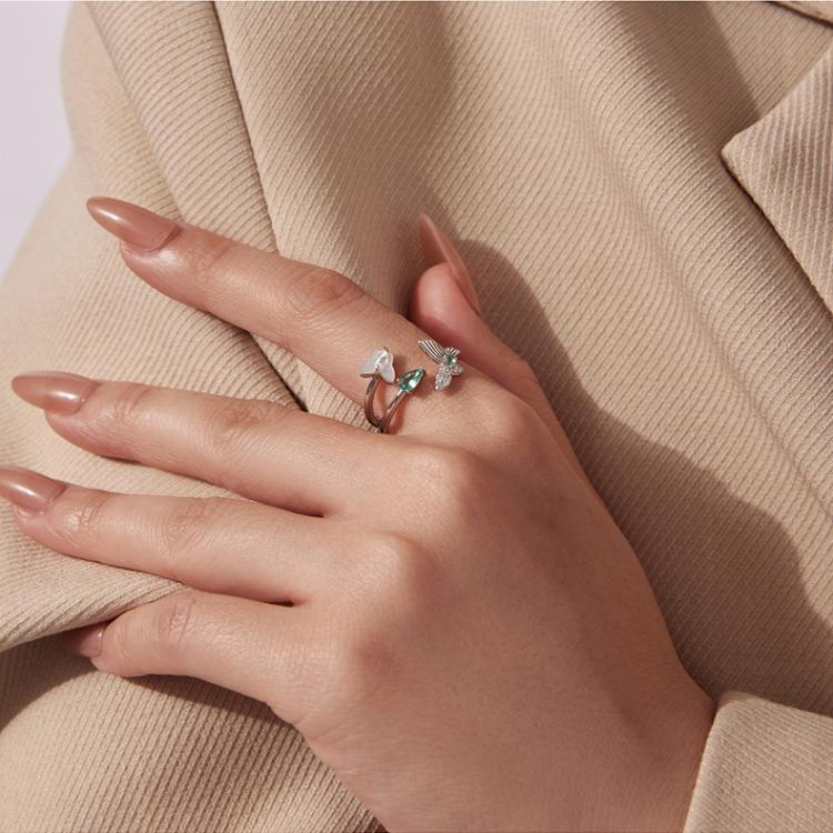 White Gold Plated Mother-Of-Pearl And Zircon Butterfly Double-Layer Adjustable Opening Ring
