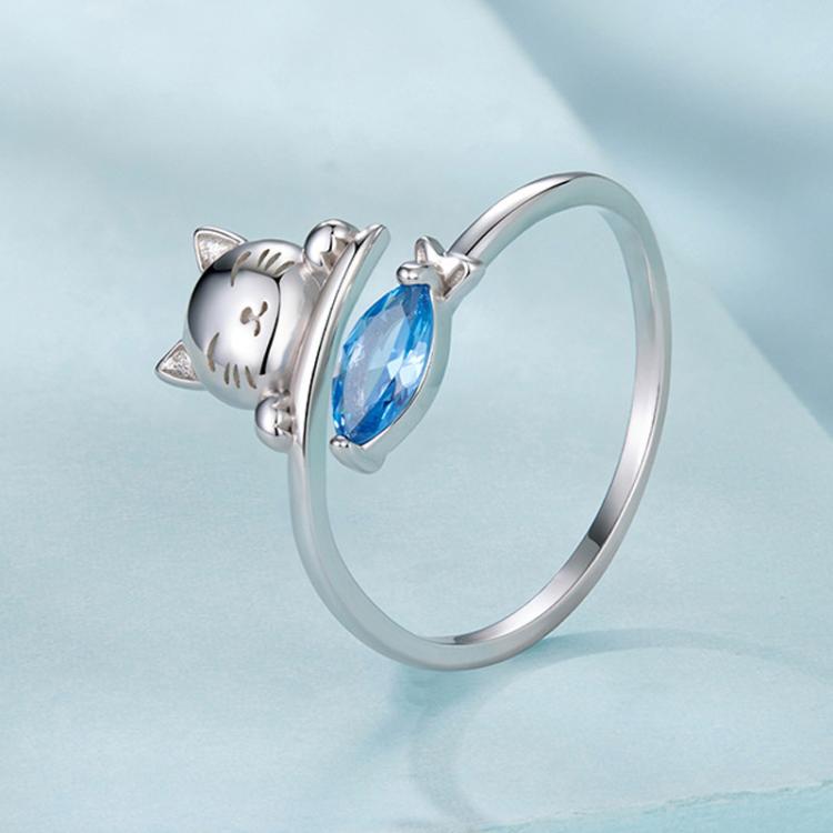 Copper-plated White Gold Cat Eating Fish Cute Open Ring