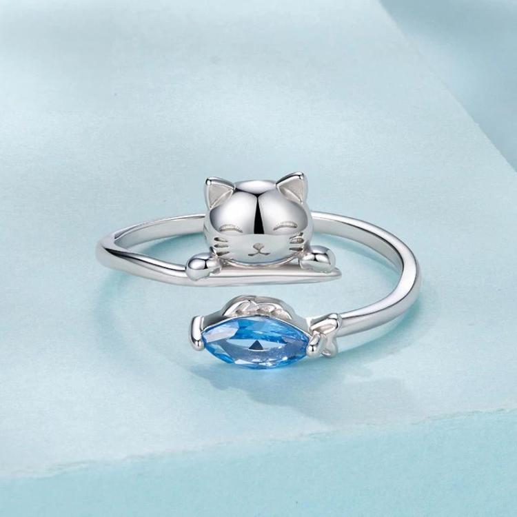 Copper-plated White Gold Cat Eating Fish Cute Open Ring