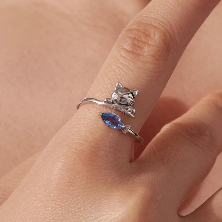 Copper-plated White Gold Cat Eating Fish Cute Open Ring