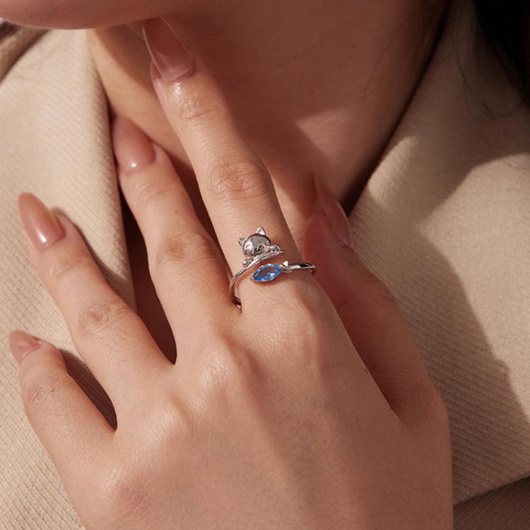 Copper-plated White Gold Cat Eating Fish Cute Open Ring