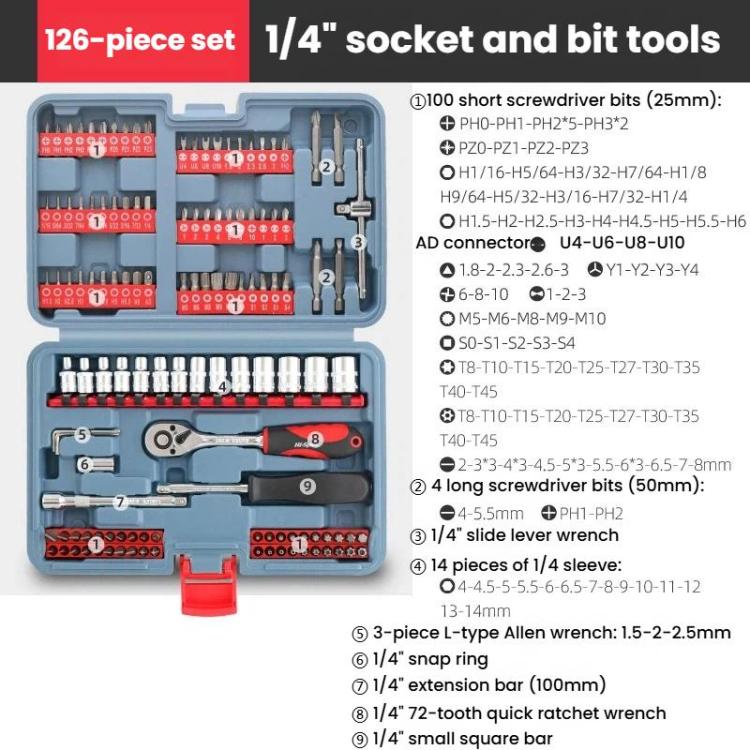 Hi-Spec 126 In 1 1/4 Inch Auto Repair Tool Set, Special-Shaped Bits, Driver Sockets & Ratchet Wrench, 126 In 1