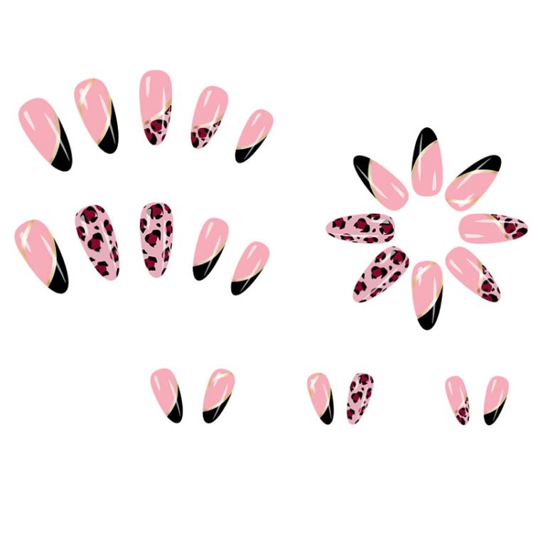 24Pcs /Set Glossy Medium Almond Press on Nails French Tip Fake Nails with Gold Line & Pink Leopard Print Designs Full Cover Glue on Nails
