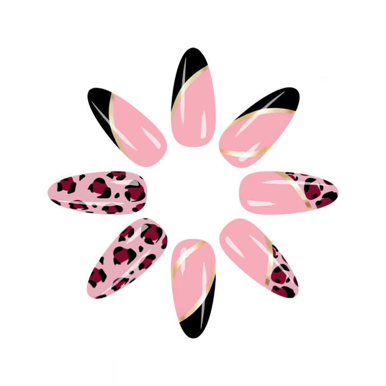 24Pcs /Set Glossy Medium Almond Press on Nails French Tip Fake Nails with Gold Line & Pink Leopard Print Designs Full Cover Glue on Nails