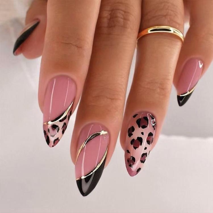 24Pcs /Set Glossy Medium Almond Press on Nails French Tip Fake Nails with Gold Line & Pink Leopard Print Designs Full Cover Glue on Nails