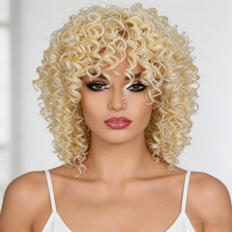 Short Afro Kinky Curly Wigs with Bangs Fluffy Synthetic Fiber Hair Wig Heat Resistant Glueless Cosplay Daily Party Wig