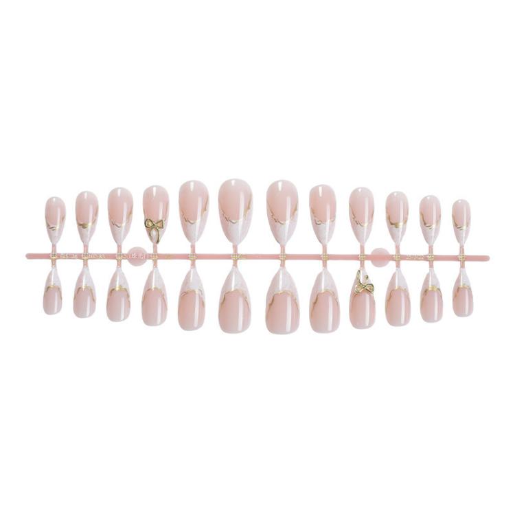 24Pcs French Tip Press on Nails Almond Gold Bowknot Fake Nails with Marble Design and Gold Wire Glossy Medium Length Glue on Nails
