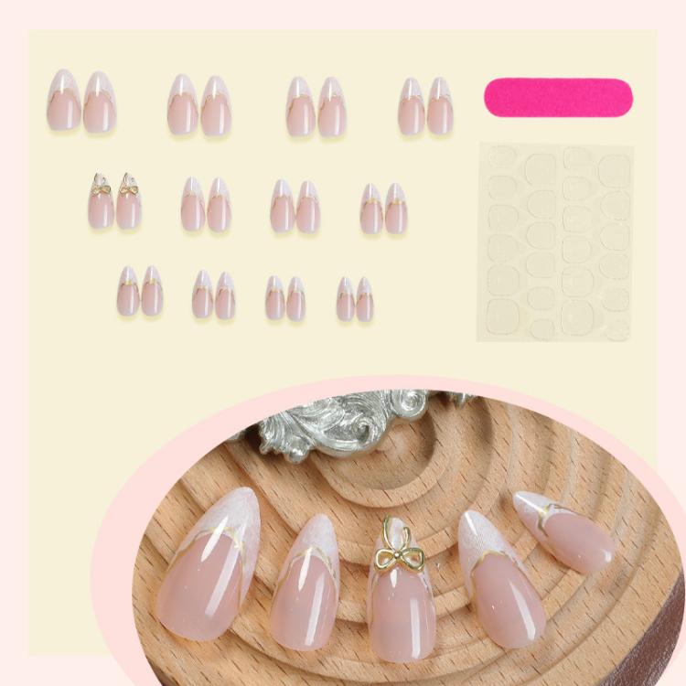 24Pcs French Tip Press on Nails Almond Gold Bowknot Fake Nails with Marble Design and Gold Wire Glossy Medium Length Glue on Nails