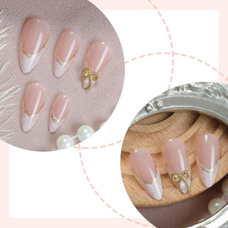 24Pcs French Tip Press on Nails Almond Gold Bowknot Fake Nails with Marble Design and Gold Wire Glossy Medium Length Glue on Nails