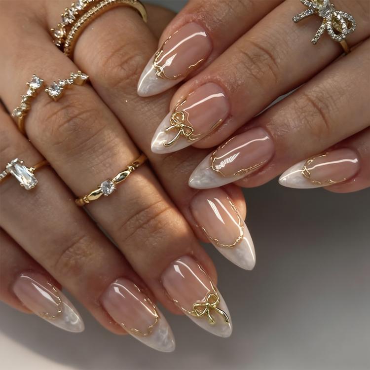 24Pcs French Tip Press on Nails Almond Gold Bowknot Fake Nails with Marble Design and Gold Wire Glossy Medium Length Glue on Nails