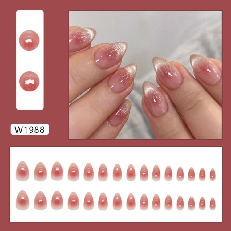 30pcs /Pack Jelly Pink Cat Eye Press on Nails Short Almond Glossy Magnetic Fake Nails, Translucent Ombre Glitter Glue on Nails for Women