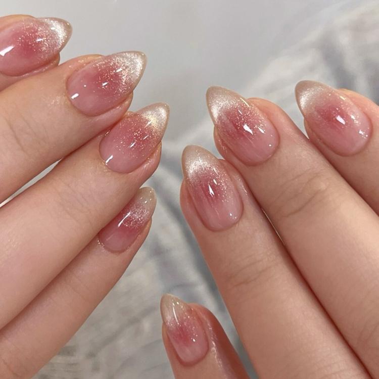 30pcs /Pack Jelly Pink Cat Eye Press on Nails Short Almond Glossy Magnetic Fake Nails, Translucent Ombre Glitter Glue on Nails for Women