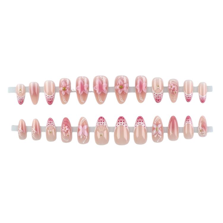 24Pcs /Set 3D Flower Press on Nails Pink Ombre Almond Fake Nails Sweet Style Manicure Kit for Women