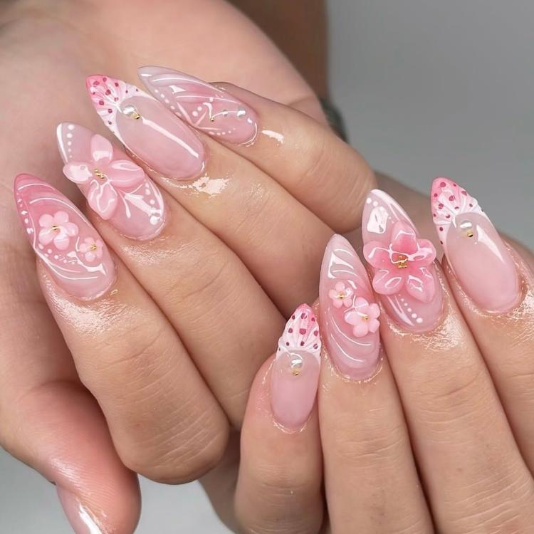 24Pcs /Set 3D Flower Press on Nails Pink Ombre Almond Fake Nails Sweet Style Manicure Kit for Women