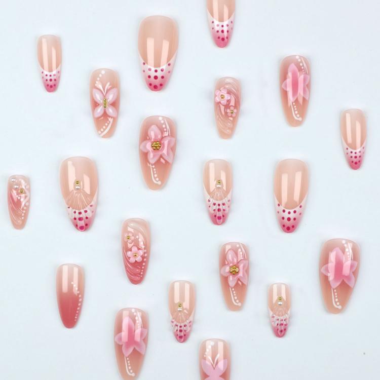 24Pcs /Set 3D Flower Press on Nails Pink Ombre Almond Fake Nails Sweet Style Manicure Kit for Women