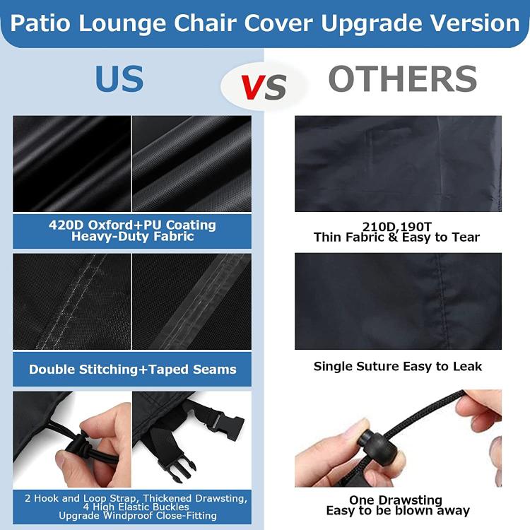 Patio Chaise Lounge Cover 420D Heavy Duty Oxford Outdoor Chair Covers Waterproof & Windproof Garden Lounge Cover With Reflective Tape, Padded Handles, 200x75x70/40cm