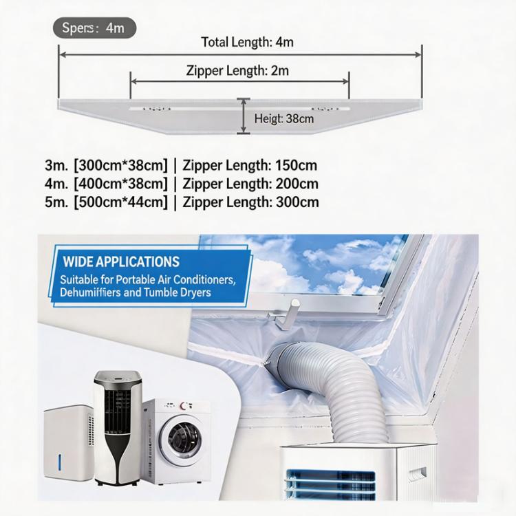 Universal Window Seal for Portable Air Conditioner and Tumble Dryer Hot Air Stop with Dual Zipper & Adhesive Hook Tape, 3m, 4m, 5m
