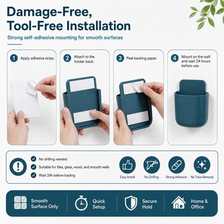 Wall Mount Remote Control Holder Self-Adhesive Bedside Phone Caddy Universal Storage Box Organizer with Charging Port