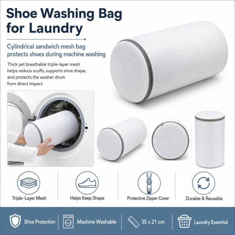 Shoe Washing Bag For Laundry Cylindrical Sandwich Mesh Laundry Bag With Durable Zipper Anti-Deformation & Protective Laundry Net, 35x21cm