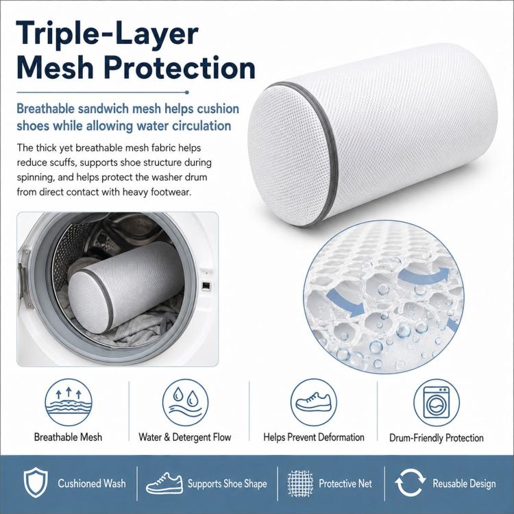 Shoe Washing Bag For Laundry Cylindrical Sandwich Mesh Laundry Bag With Durable Zipper Anti-Deformation & Protective Laundry Net, 35x21cm
