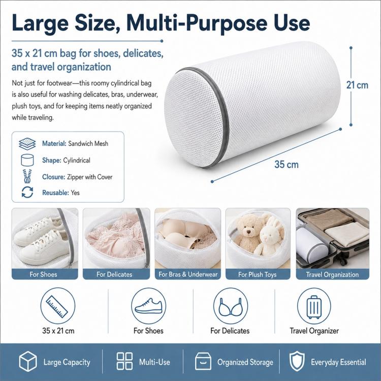 Shoe Washing Bag For Laundry Cylindrical Sandwich Mesh Laundry Bag With Durable Zipper Anti-Deformation & Protective Laundry Net, 35x21cm