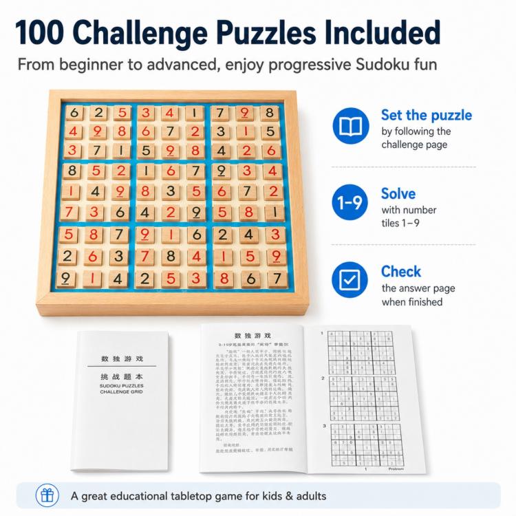 Wooden Number Place 9x9 Grid Game Board, Educational Tabletop Game For Kids & Adults To Cultivate Logical Thinking