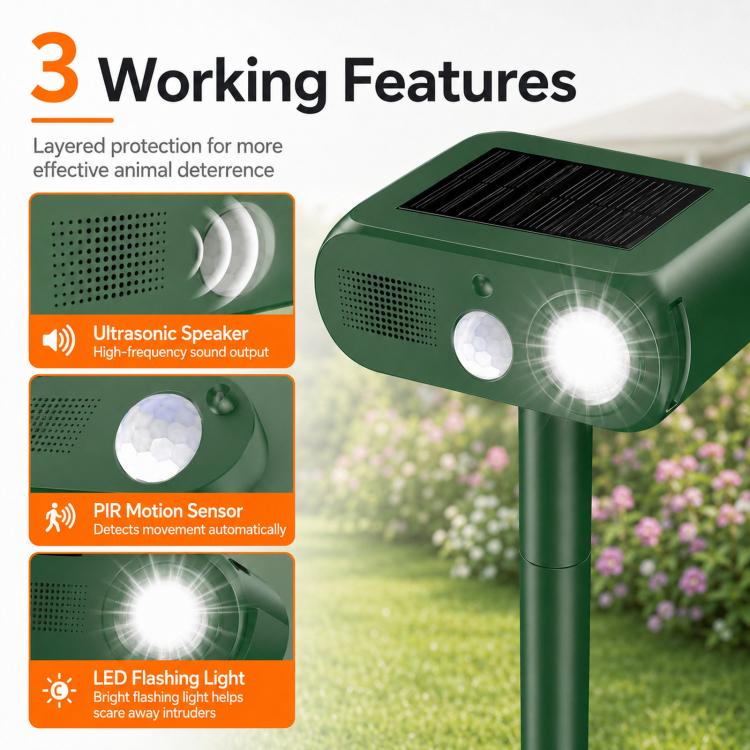 Solar Animal Repeller Outdoor Ultrasonic Cat Deterrent Yard with PIR Motion Sensor 4 Modes Ultrasonic Bird Deterrent Garden Dog Repeller with LED Flashing Light