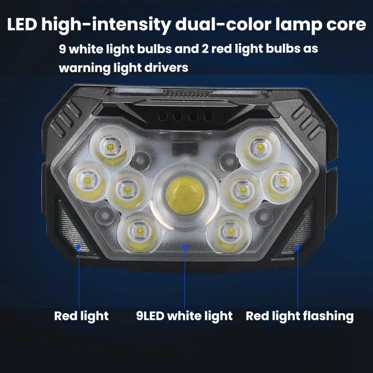 GY26 9LED Smart Motion-Sensor Headlamp, Outdoor COB Red Warning Waterproof Night Fishing Light, Rechargeable, Battery