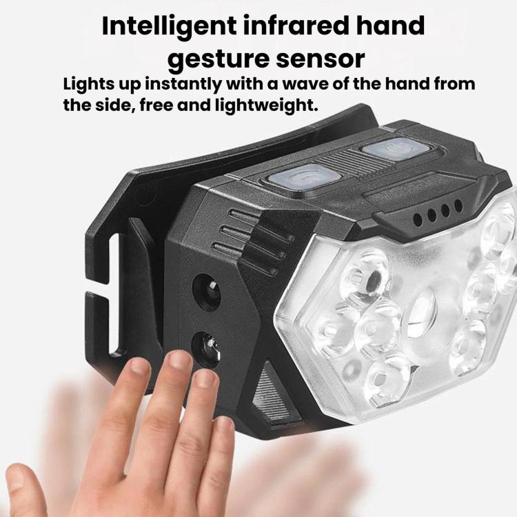 GY26 9LED Smart Motion-Sensor Headlamp, Outdoor COB Red Warning Waterproof Night Fishing Light, Rechargeable, Battery
