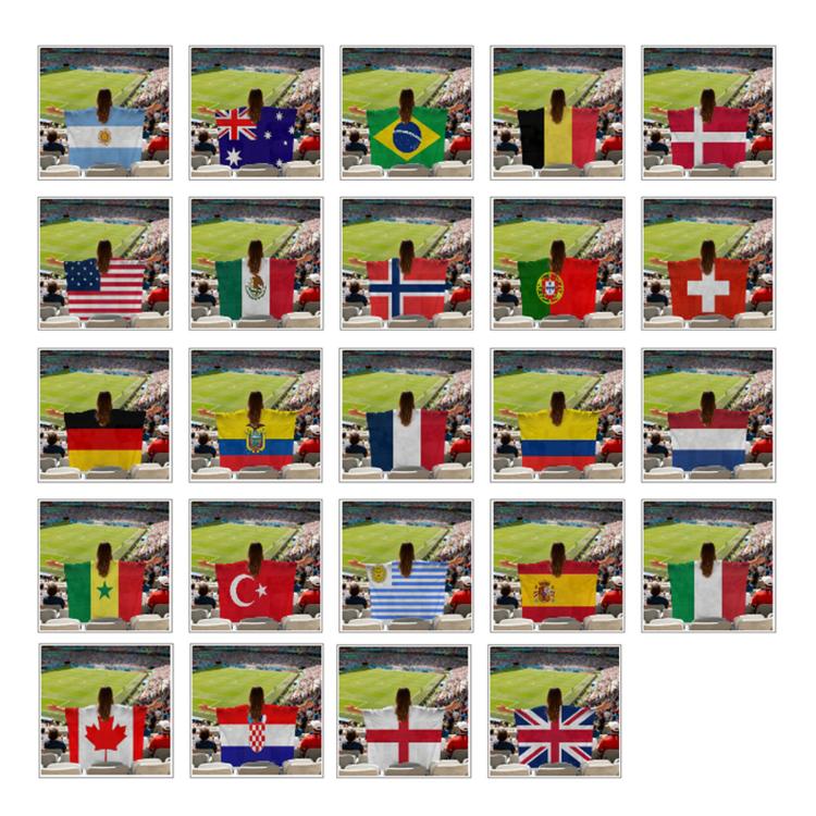 USA-Canadian-Mexican World Cup Fans Capes Flags, Argentina, Australia, Brazil, Belgium, Denmark, Germany, Ecuador, France, Colombia, Netherlands, Canada, Croatia, United States, Mexico, Norway, Portugal, Switzerland, Senegal, Turkey, Uruguay, Spain, It...